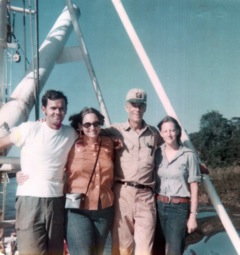 On board the Cudjoe. L to R, Jerry Livingston, Claire Janaro, Jack Barron, Terry Carter