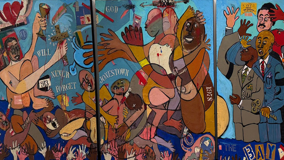 Colorful mural by artist JoeSam depicting abstract and emotional imagery related to Jonestown with the text “Will Never Forget Jonestown 1978.”